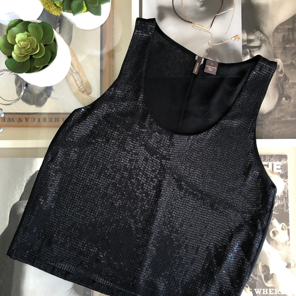 Black Sequin Top with Sheer Overlay